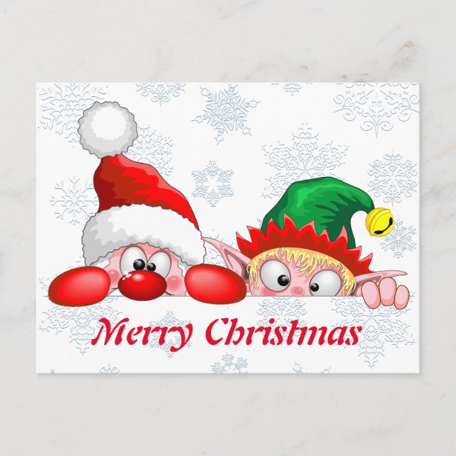 Santa and Elf Cute and funny Characters Peeking Postcard (Front)