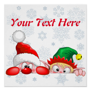 Santa and Elf Cute and funny Characters Peeking Poster