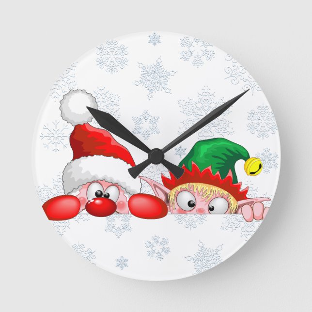 Santa and Elf Cute and funny Characters Peeking   Round Clock (Front)