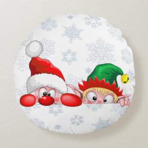 Santa and Elf Cute and funny Characters Peeking  Round Pillow