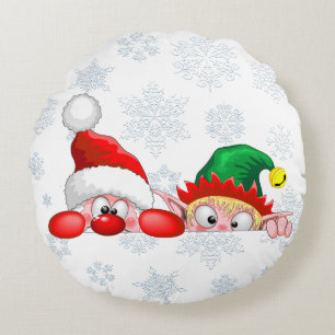Santa and Elf Cute and funny Characters Peeking   Round Pillow