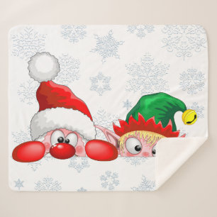 Santa and Elf Cute and funny Characters Peeking Sherpa Blanket