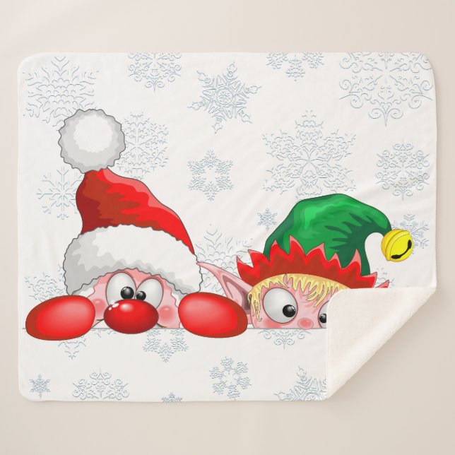 Santa and Elf Cute and funny Characters Peeking  Sherpa Blanket (Front (Horizontal))