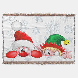 Santa and Elf Cute and funny Characters Peeking  Throw Blanket