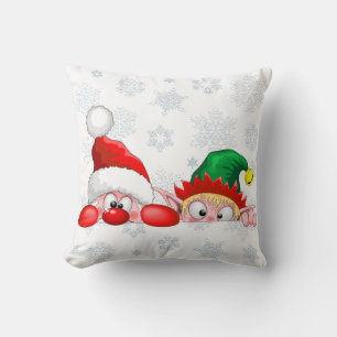 Santa and Elf Cute and funny Characters Peeking  Throw Pillow