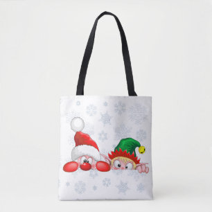 Santa and Elf Cute and funny Characters Peeking  Tote Bag