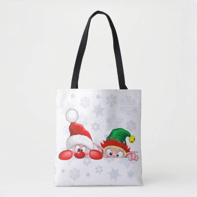 Santa and Elf Cute and funny Characters Peeking  Tote Bag (Front)