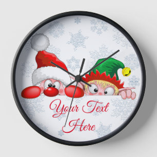 Santa and Elf Cute and funny Christmas Cartoon Cha Clock