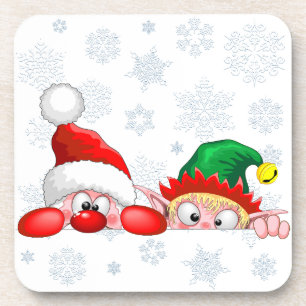 Santa and Elf Cute and funny Christmas Cartoon Cha Coaster