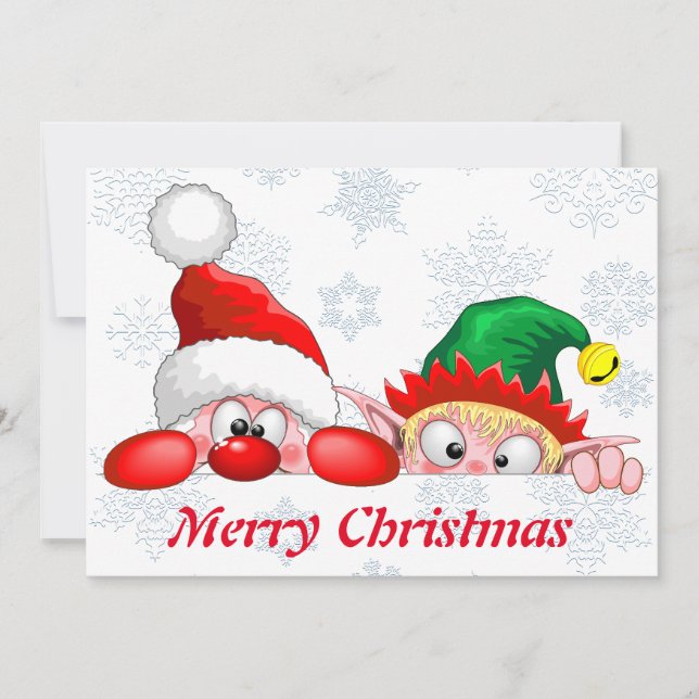 Santa and Elf Cute and funny Christmas Cartoon Cha Invitation (Front)