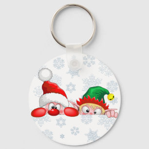 Santa and Elf Cute and funny Christmas Cartoon Cha Keychain