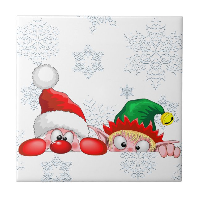 Santa and Elf Cute and funny Christmas Cartoon Cha Tile (Front)