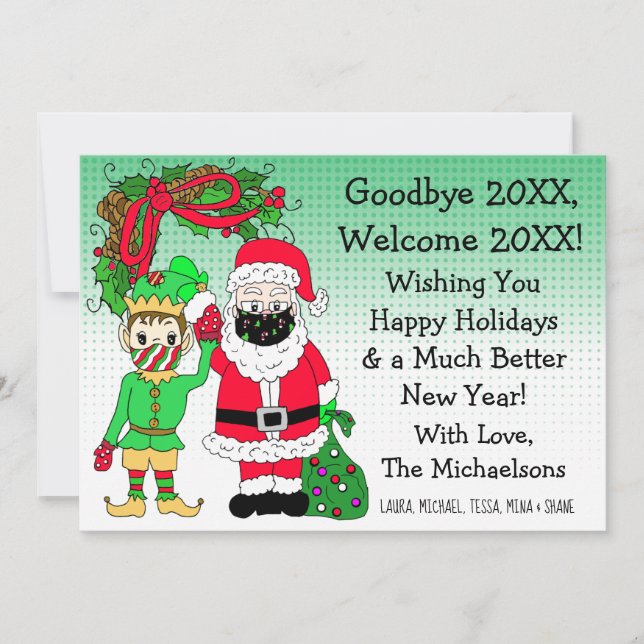 Santa and Elf in Facemasks Christmas Card (Front)