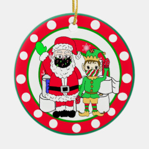 Santa and Elves Facemasks and Toilet Paper Ceramic Ornament