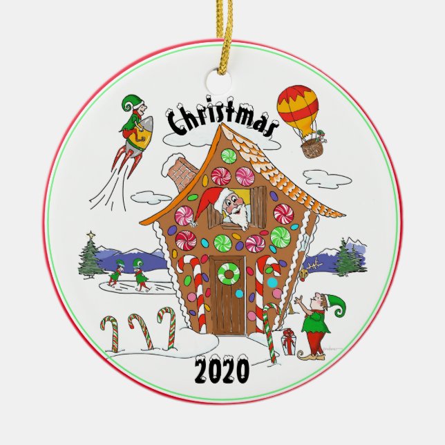 Santa and Elves in Gingerbread House Comic Design Ceramic Ornament (Front)