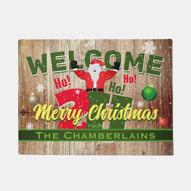Santa and Family Name Merry Christmas on Barn Wood Doormat (Front)