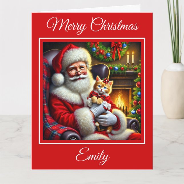 Santa and Ginger Kitten in Red Bow Card (Front)