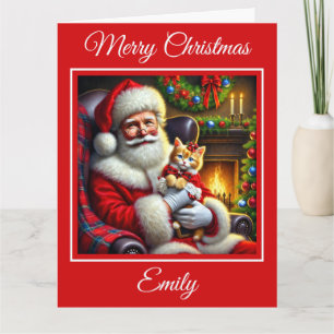 Santa and Ginger Kitten in Red Bow Card