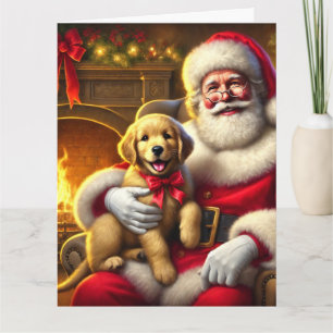 Santa and Golden Retriever Puppy with Red Bow Card