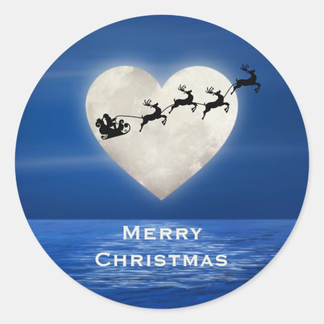 Santa and Heart Full Moon over Water Christmas Classic Round Sticker (Front)