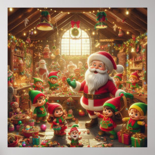 Santa and His Elves in The Christmas Workshop Wall Poster