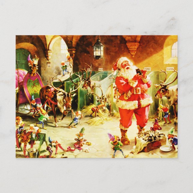 Santa and His Elves in The North Pole Stables Holiday Postcard (Front)