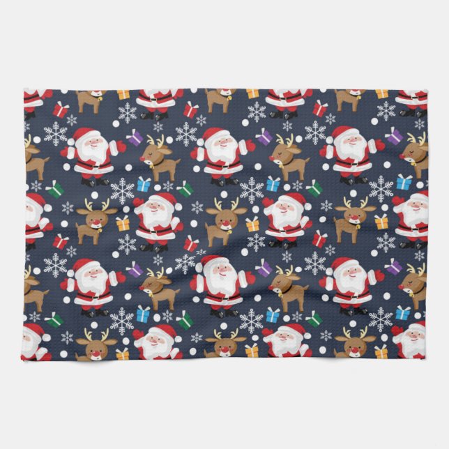 Santa And His Favourite Reindeer Pattern Kitchen Towel (Horizontal)