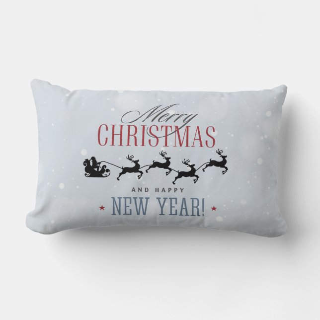 Santa and his Flying Reindeer Silhouette Christmas Lumbar Pillow (Front)