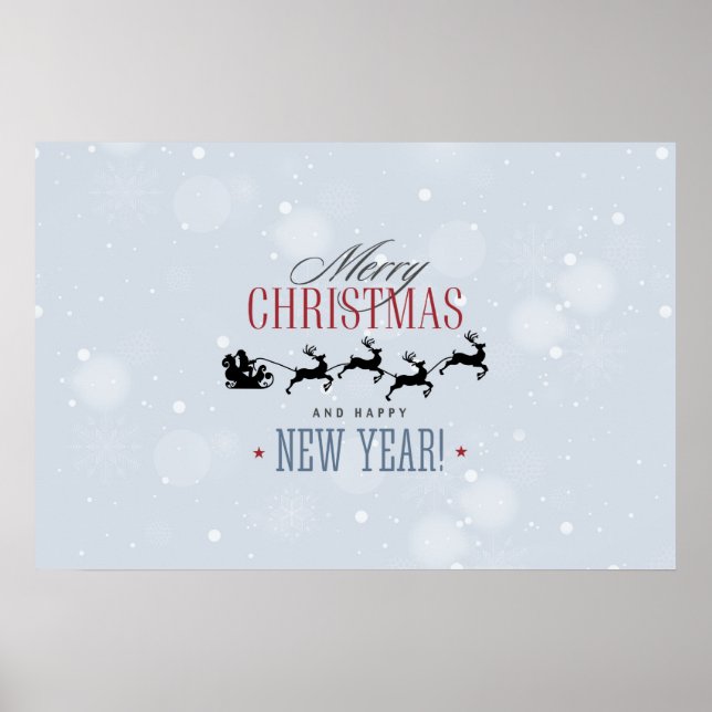 Santa and his Flying Reindeer Silhouette Christmas Poster (Front)