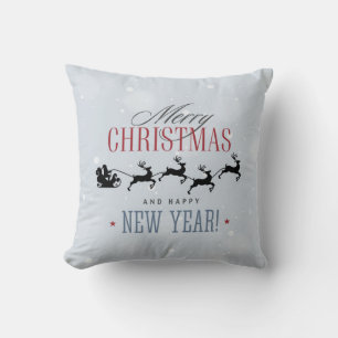 Santa and his Flying Reindeer Silhouette Christmas Throw Pillow