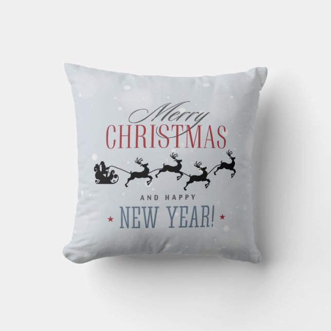 Santa and his Flying Reindeer Silhouette Christmas Throw Pillow (Front)