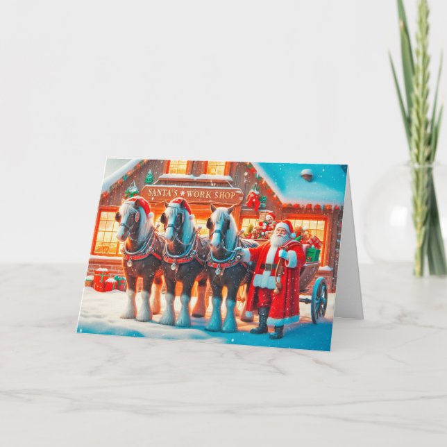 Santa and His Horses Standing Outside His Workshop Holiday Card (Front)