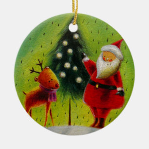 Santa and his Reindeer Ceramic Ornament