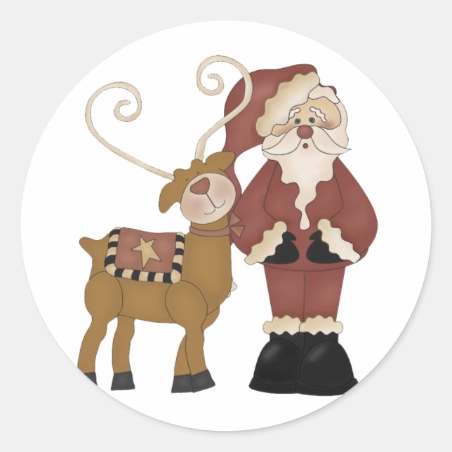 Santa and his Reindeer Classic Round Sticker (Front)