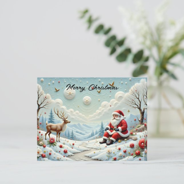 Santa and His Reindeer in Snowy Landscape Holiday Postcard (Standing Front)