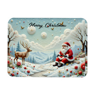 Santa and His Reindeer in Snowy Landscape Magnet