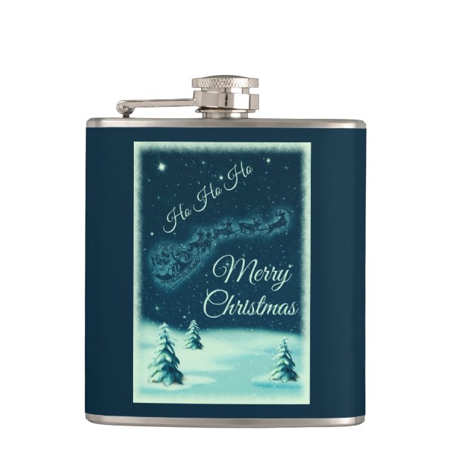 Santa and his Reindeers Christmas Night Sky Hip Flask (Front)