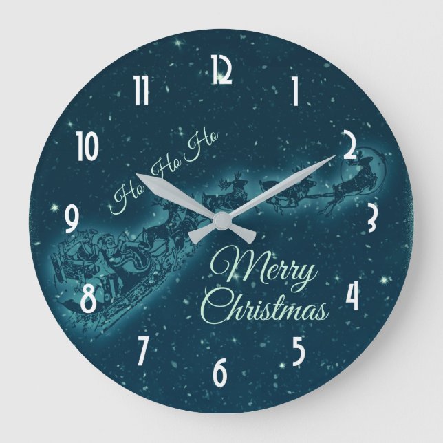 Santa and his Reindeers Christmas Night Sky Large Clock (Front)