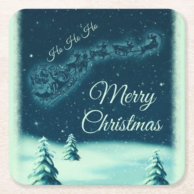 Santa and his Reindeers Christmas Night Sky Square Paper Coaster (Front)