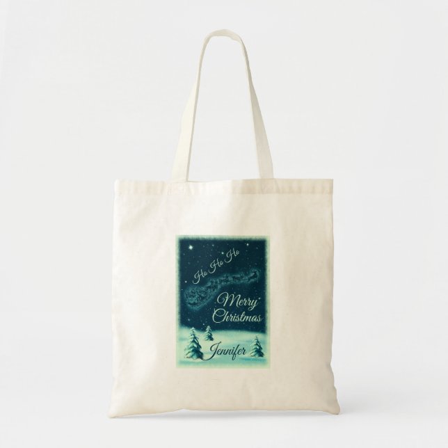 Santa and his Reindeers Christmas Night Sky Tote Bag (Front)