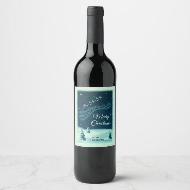 Santa and his Reindeers Christmas Night Sky Wine Label (Front)