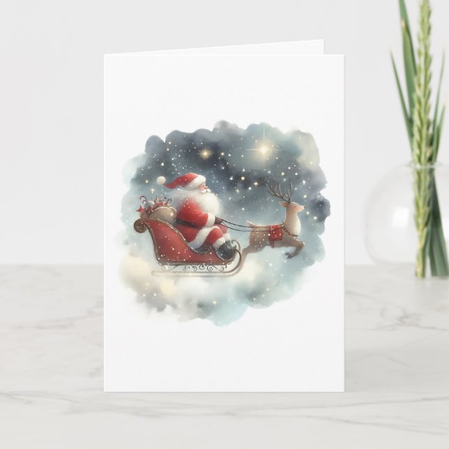 Santa and His Sleigh in the Night Sky Card (Front)