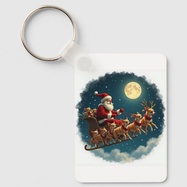 Santa And His Sleigh Pulled By Chihuahua Crew Keychain (Front)