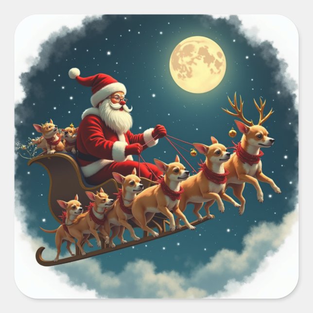 Santa And His Sleigh Pulled By Chihuahua Crew Square Sticker (Front)