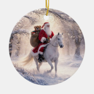 Santa and Horse Cute Snow Bag of Toys Ceramic Ornament