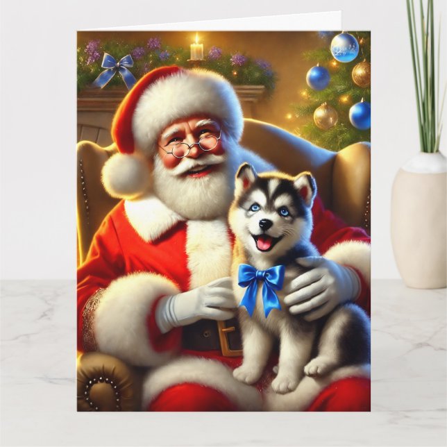 Santa and Husky Puppy with Blue Bow Card (Front)