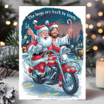 Santa and Jesus on a Motorcycle Funny Christmas Holiday Card<br><div class="desc">Spread some holiday cheer with this hilarious Christmas card featuring Santa and Jesus cruising on a motorcycle with the phrase "The boys are back in town." This festive and fun illustration captures the spirit of the season with a humourous twist, making it a perfect card for anyone who enjoys a...</div>