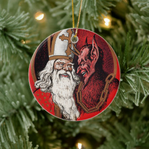 Santa and Krampus Ceramic Ornament