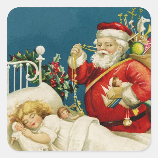 Santa and Little Sleeping Girl Christmas Square Square Sticker (Front)