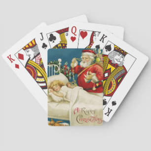 Santa and Little Sleeping Girl Playing Cards
